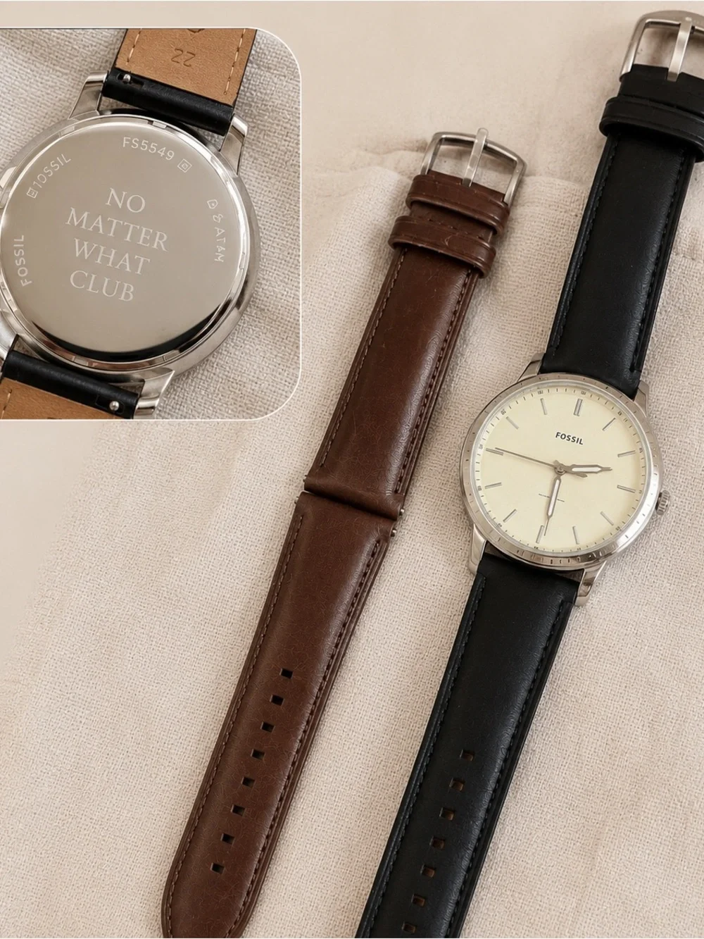 Fossil Minimalist Silver Watch | White Dial + Black/Brown Genuine Leather Straps